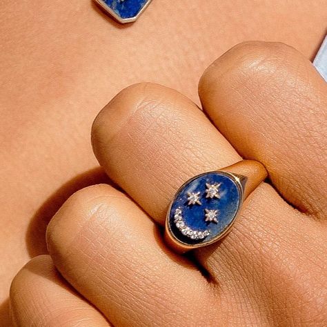 This beautiful ring is made with lapis lazuli metamorphic rock and cubic zirconia crystals for an extraordinary and enchanting look. Gold-Plated Brass, Lapis Lazuli, CZ Available in sizes 6, 7, and 8 SKU: TR-3758 (G) Celestial Rings, Lapis Lazuli Jewelry Ring, Wizard Jewelry, Tai Jewelry, Constellation Ring, Onyx Signet Ring, Celestial Ring, Lapis Lazuli Crystal, Lapis Lazuli Jewelry