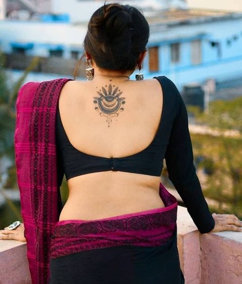 Ladies Tattoo Ideas, Ladies Tattoo, Fancy Dress Material, South Indian Bride Saree, Tattoo On Back, Backless Blouse Designs, Tattoo Women, Tattoo Ideas Female, Ladies Blouse Designs