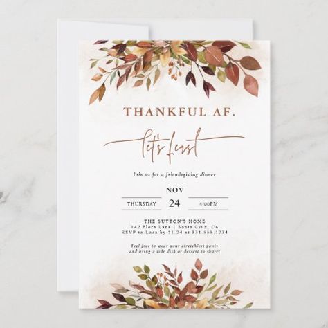 $3.03 | Funny Thanksgiving Invitation Friendsgiving Dinner | Thanksgiving Party | friendsgiving dinner invite, thanksgiving dinner invite, funny thanksgiving invite, thanksgiving pun, friendsgiving feast, modern thanskgiving, rustic terracotta fall leaves, burnt orange florals, friendsgiving feast invite, thankful af Thanksgiving Invitation Ideas, Friendsgiving Invitations, Thanksgiving Puns, Thanksgiving Invite, Friendsgiving Feast, Friendsgiving Dinner Party, Friendsgiving Invite, Modern Thanksgiving, Friendsgiving Dinner