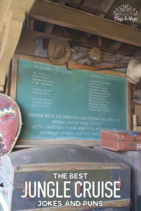 Let’s be honest…the Jungle Cruise is so much more than a boat ride. Each trip around the river is completely unique due to the personality and story-telling ability of the Skipper.  Although the skippers are well-trained, the script is constantly evolving due to pop culture and various additions and subtractions to the attraction.  Here’s my list of the Top Ten Best Jungle Cruise Puns! Jungle Cruise Party, Jungle Cruise Bathroom, Jungle Cruise Birthday, Jungle Cruise Boat, Jungle Cruise Poster, Jungle Cruise Disneyland, Disney Humor, Disneyland Party, Disney World Attractions