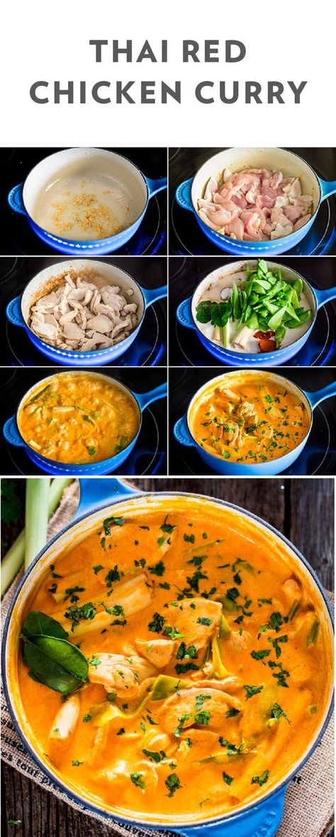 The flavorful dinner combinations for Thai food have no limits. This recipe for Thai Red Chicken Curry is the perfect for showcasing bold flavor on your dinner table. Grab garlic, ginger root, chicken breast, coconut milk, red curry paste, snow peas, lime leaves, lemon grass stalks, and fresh cilantro and let's get cooking. No Coconut Milk Curry, Lemon Grass Recipes Chicken Thai Coconut Soup, Chicken Curry No Coconut Milk, Curry No Coconut Milk, Lemon Grass Recipes, Red Chicken Curry, Red Curry Chicken, Chicken Garlic, Flavorful Dinner