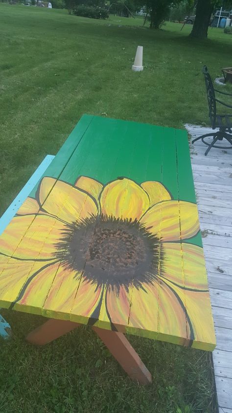 Painted picnic table Sunflower Picnic Table, Painting Picnic Table Ideas, Diy Painted Picnic Table, Picnic Table Paint Ideas, Painted Picnic Table Ideas, Picnic Table Painting Ideas, Painted Picnic Table, Painted Patio Table, Painted Picnic Tables