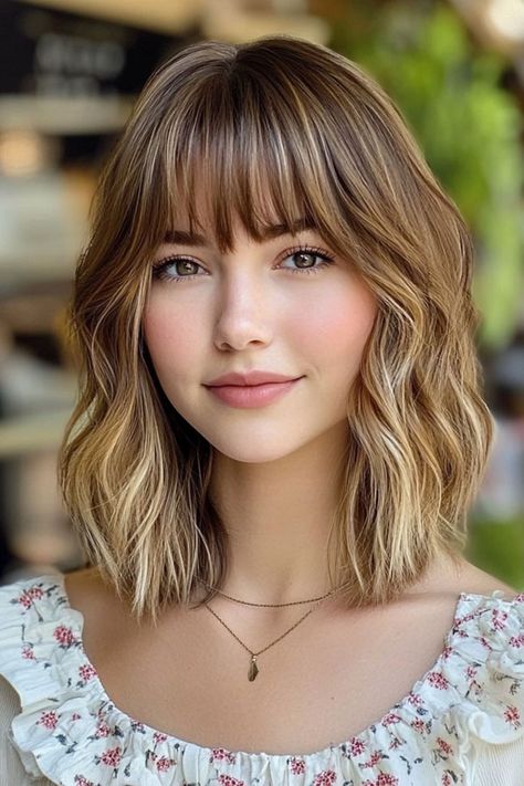 Soft Wavy Bob with Sun-Kissed Highlights, trendy long bob with fringe, long bob hairstyle with bangs Long Bob Haircuts With Bangs, Wavy Bob With Fringe, Bob With Feathered Bangs, Long Length Bob, Bob Hairstyles With Fringe, Long Bob With Fringe, Medium Length Hair Women, Long Bob Hairstyle, Hairstyles With Fringe