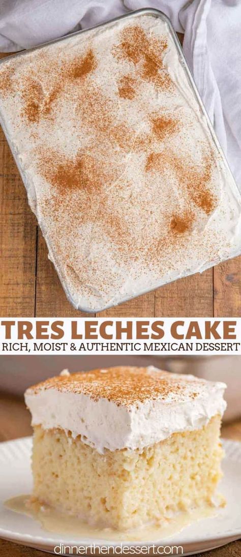 Tres Leches Cake is an authentic Mexican cake soaked in three kinds of milk, topped with whipped cream and cinnamon. The ultimate indulgent dessert recipe! #cake #dessert #mexicanrecipes #baking #tresleches #treslechescake #dinnerthendessert Laughing Spatula Recipes, Les Tres Cake, Guatemalan Dessert Recipes, Guatemala Desserts, Desserts That Go With Chili, Tres Leches Cake Recipe Authentic, Authentic Mexican Desserts, Mexican Cake, Leche Cake