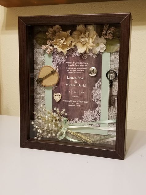 Unique Wedding Gift. Shadow box of the invitation. Bridal Shower Shadow Box Ideas, Wedding Invitation Shadow Box Ideas, Shadow Box For Wedding Bouquet, Wedding Keepsake Shadow Boxes, Bride And Groom Shadow Box Ideas, Wedding Invite Shadow Box Gift, Wedding Table Centerpieces Diy, Wedding Keepsake Boxes, Diy Wedding Arch