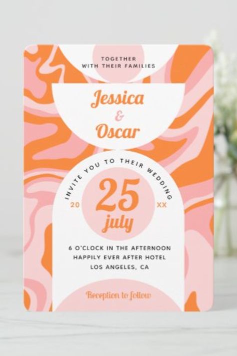 Retro 70s Liquid Swirl Boho Pink Orange Wedding Invitation Pink And Orange Party Invitations, Pink And Orange Invitations, Pink Orange Wedding, Orange Invitation, Orange And Pink Wedding, Retro Invitation, Orange Wedding Invitations, Etsy Invitations, Retro Wedding Invitations