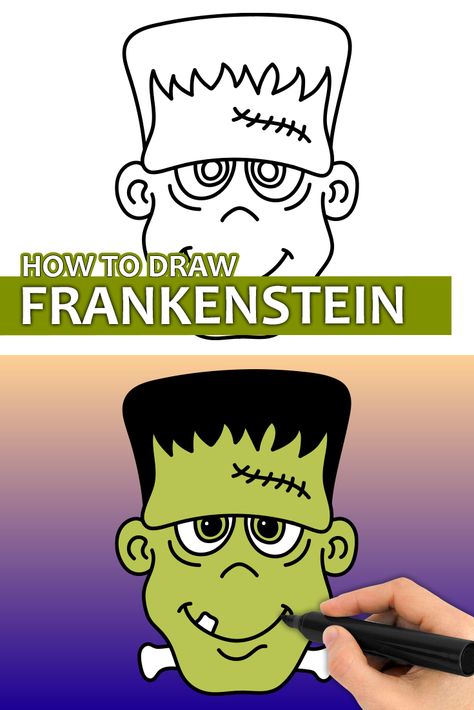 Frankinstine Drawings, Frankinstine Pumpkin Painting Ideas, Halloween Frankenstein, Draw Frankenstein, Frankinstine Pumpkin Painting, Painted Frankenstein Pumpkin, How To Draw Frankenstein, Drawing Frankenstein, Frankinstine Pumpkin