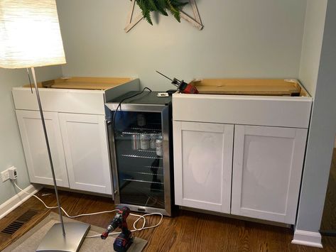 Diy Beverage Station With Fridge Basement, Dry Bar Ikea Hack, Diy Built In Wine Fridge, Ikea Dry Bars, Ikea Hack Dry Bar, Dry Bar With Beverage Fridge, Dry Bar In Basement, Diy Dry Bar Ideas, Dry Bar Diy