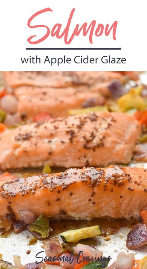 Celebrate apple season with this delicious Sheet Pan Apple Cider Glazed Salmon.  It's easy to prepare and the salmon tastes great slathered with apple cider sauce. #glutenfree #sheetpan #dinner #easyrecipe Apple Salmon Recipe, Salmon With Apples, Apple Cider Glazed Salmon, Salmon Apple Recipes, Apple Cider Salmon, Autumn Salmon Recipes, Thanksgiving Salmon, Recipes Using Apple Cider, Apple Salmon