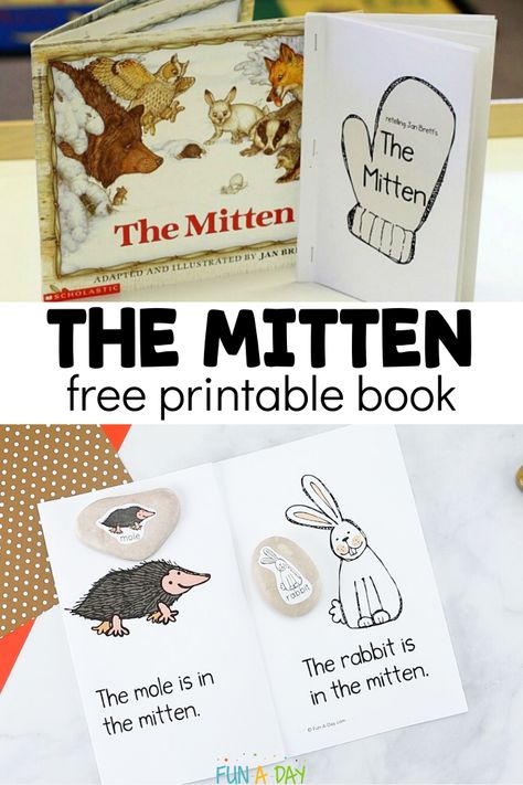 Teach preschoolers so many early literacy skills with this free printable The Mitten book. Children will have the chance to retell a favorite story as they practice their book skills in a hands-on fun way. #FunADay #Preschool #PreschoolActivities The Mitten Characters Printable Free, Mitten Printable, The Mitten Book Activities, The Mitten Book, Winter Animals Kindergarten, Preschool Teacher Tips, Winter Animals Preschool, Jan Brett, Free Preschool Printables