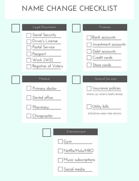 Changing Address Checklist, Last Name Change Checklist, Wedding Name Change, Name Change Checklist, Changing Last Name, Changing Your Last Name, Legal Name Change, Wedding Checklists, Change Name