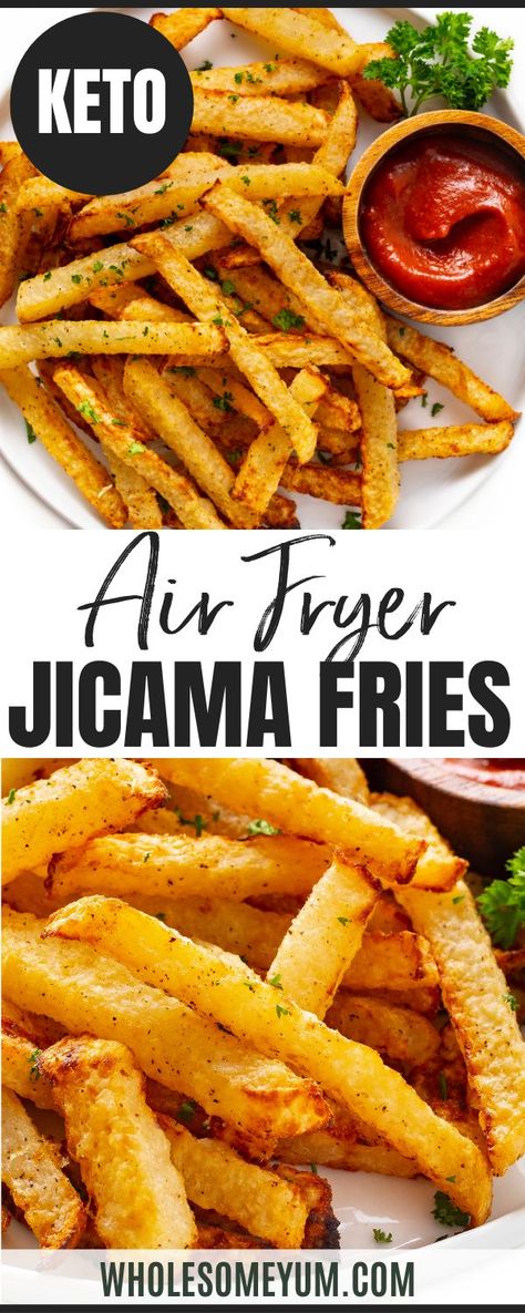 Keto Fries Substitute, Jimica Fries, Air Fryer Aip Recipes, Jicama Benefits, Roasted Jicama, Air Fryer Jicama, Jimaca Recipes, Keto French Fries, Jicama Recipes