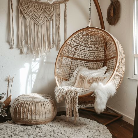 hanging egg rattan chair in a boho style room Woman Cave Ideas, Bedroom Hanging Chair, Rugs Black And White, Boho Style Room, Rugs 8x10, Beach House Interior Design, Boho Rugs, Boho Chair, Vintage Inspired Decor