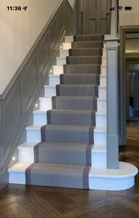 Grey Handrail Stairs, Grey Painted Stairs With Runner, Grey Hallway Ideas Stairways, Dark Grey Hallway, Grey Painted Stairs, Grey Hallway Ideas, Staircase Carpet Runner, Stairs And Hallway Ideas, Grey Hallway