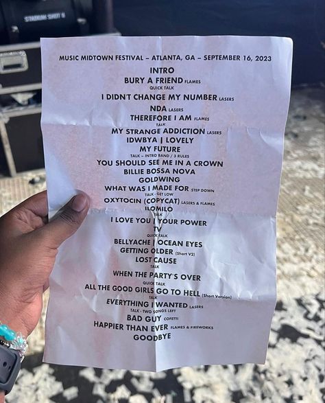 Billie Eilish set list at Music Midtown in Atlanta, Georgia on September 16th, 2023. Billie announced this is her 100th show and the last before her third album is released. #musicmidtown #billietown #billieeilish Music Album Covers Billie Eilish, Billie Eilish Music Midtown, Music Billie Eilish, Billie Eilish Music Midtown 2019, Billie Eilish Music Cover, Music Midtown, Bossa Nova, Change Me, New Album