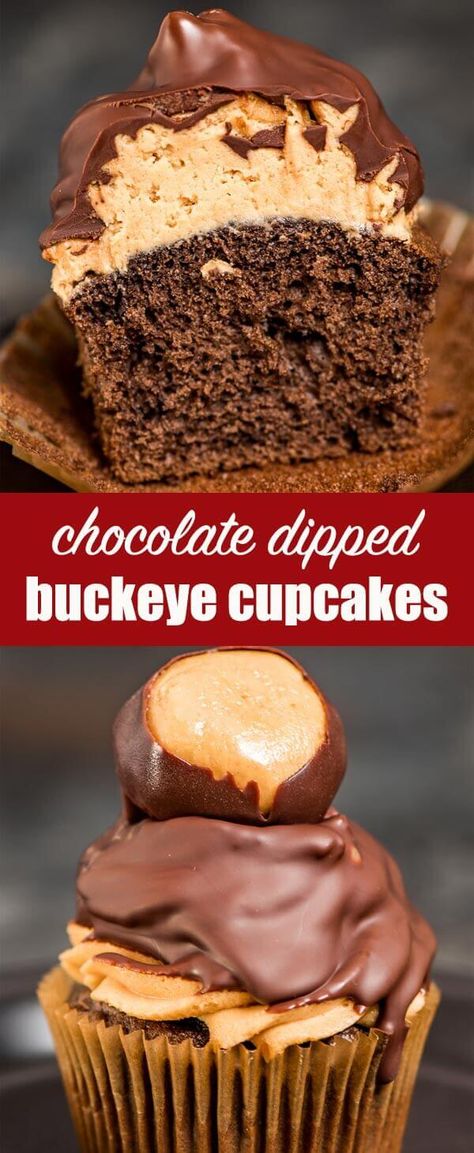 If you love chocolate and peanut butter, try these hi-hat Buckeye Cupcakes! Dip homemade peanut butter frosting topped cupcakes in melted chocolate for a rich sweet treat. Buckeye Cupcakes {Chocolate Dipped Hi Hat Cupcake Recipe} via @tastesoflizzyt Chocolate Cupcakes With Peanut Butter, Buckeye Cupcakes, Chocolate Cupcakes Peanut Butter Icing, Chocolate Cupcake With Peanut Butter Frosting, Mini Chocolate Peanut Butter Cupcakes, Cupcake Recipes For Kids, Double Chocolate Peanut Butter Filled Cupcakes, Specialty Cupcakes, Unique Cupcakes