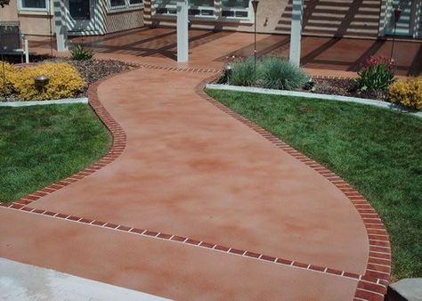 Terra Cotta, Stained Concrete Walkways Engraved Expressions LLC Ontario, OR Paint Concrete Patio, Terracotta Paint, Circular Patio, Outdoor Improvements, Wood Walkway, Concrete Path, Painting Tile Floors, Brick Walkway, Concrete Walkway