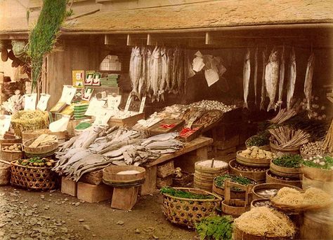 Fish Monger and Vegetable Shop in Early Japan Fish Monger, Old Japan, Vegetable Shop, Meiji Era, Japanese Market, Japan Aesthetic, Japan Photo, Photographic Studio, Vintage Japan