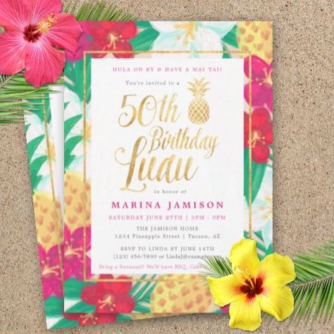 50th Birthday Luau Invitations | Pink & Gold for $2.92 - Birthday Invitations Hawaiian 50th Birthday Party, Luau Birthday Party Invitations, Luau Party Invitations, Pineapple Birthday Party, Birthday Luau, Luau Invitations, Fiftieth Birthday, Invitations Pink, Pineapple Birthday