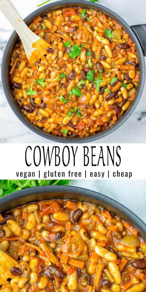 These Cowboy Beans are so easy and delicious. No one would ever taste they are vegan and you will find a instant pot and slow cooker version for more excitement as well. #vegan #glutenfree #dairyfree #onepotmeals #vegetarian #mealprep #dinner #lunch #comfortfood #cowboybeans #instantpot #slowcooker #contentednesscoking #familymeals Vegan Cowboy Stew, Vegan Slow Cooker Beans, Easy Family Meals Vegetarian, No Meat Instant Pot Recipes, Slow Cooker Plant Based, Vegan Stew Crockpot, Instapot Vegitarian Meals, Vegan One Pot Recipes, Potluck Ideas Vegetarian