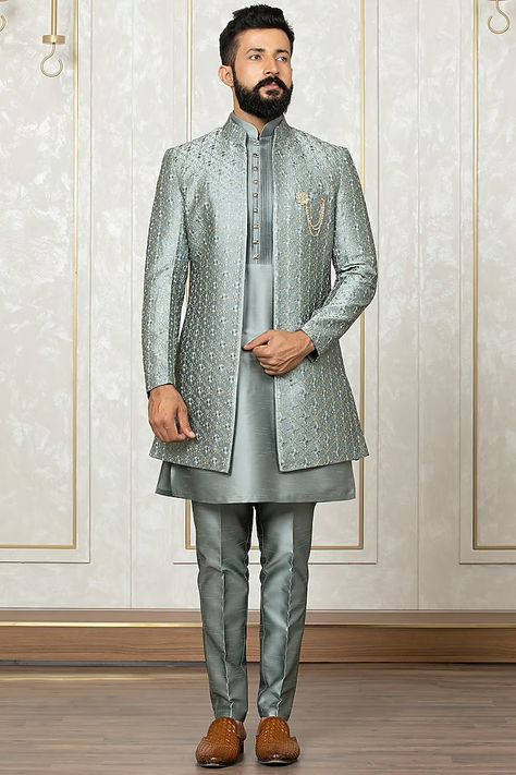 Pista Green Katan Silk Embroidered Jacket With Kurta Set Design by Laromani at Pernia's Pop Up Shop 2023 Long Green Jacket, Kurta And Pants, Pista Green, Zari Embroidery, Rohit Bal, Suit Pant, Nehru Jackets, Katan Silk, Indian Fashion Designers