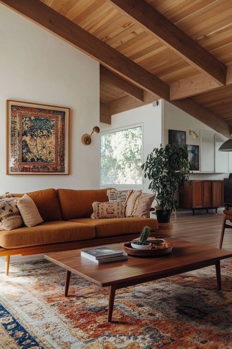 ♥ Are you dreaming of a cozy and stylish living room with a touch of 70s interior design? Step into this Mid Century Modern living room, a blend of boho and modern aesthetics. From the earthy tones to the accent walls, this space screams "cozy living room goals". ✨🌿 #mcmLivingRoom #70sInteriorDesign #CozyLivingRoom #NeutralLivingRoom #LivingRoomInspiration Mid Century Indian Living Room, Boho Great Room, Midcentury Ranch Living Room, Farmhouse Colorful Living Room, 70s Southwestern Interior, Living Room Designs 70s, Natural Modern Farmhouse Living Room, Mid Century Modern Living Room Cream Couch, Chalet Style Living Room