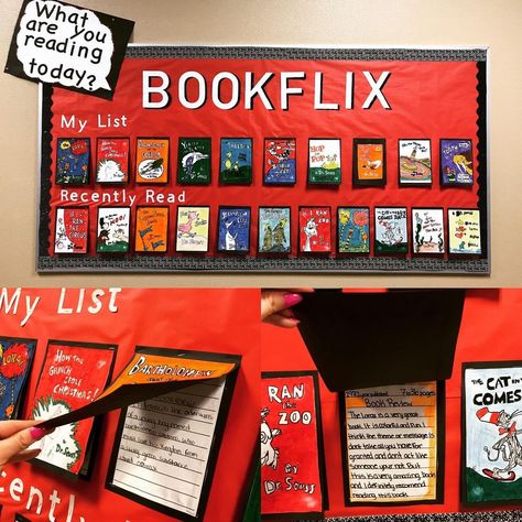 We did “Bookflix” for the Read Across America bulletin board contest. The students worked so hard on creating the book covers and the… | Instagram Reading Boards For Classroom, Book Report Bulletin Board, Books We Read Bulletin Board, Book Review Bulletin Board Ideas, Book Flix Bulletin Board, Books Classroom Theme, Librarian Bulletin Boards, Reading Book Bulletin Board, Library Boards Bulletin