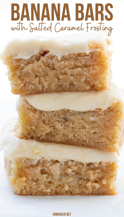 Three banana bars are stacked on top of each other on a white countertop. Not Overly Sweet Desserts, Banana Salted Caramel Cake, Banana And Caramel Desserts, Frosted Banana Bars Taste Of Home, Banana Cake With Salted Caramel Frosting, Desserts With Old Bananas, Banana Easter Dessert, Simple Bar Recipes, Salted Caramel Banana Ritz