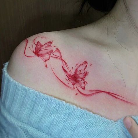 Women's Shoulder Tattoos Ideas, Red Collar Bone Tattoos For Women, Red Tattoo On Thigh, Butterfly Red Tattoo, Rib To Thigh Tattoos For Women, Red Shoulder Tattoo, Red Tattoos Ideas, Flowers And Butterfly Tattoo, Red Tattoos For Women