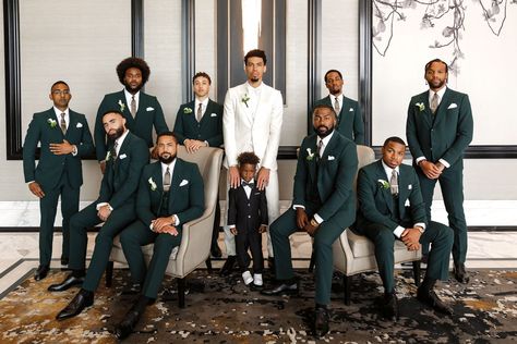 Groomsmen In Green Suits, White And Green Tuxedo, Hunter Green Suits For Men, Hunter Green Groomsmen Attire, Groomsmen Green Suit, Green Suit Groomsmen, Dark Green Tuxedo Wedding, Groomsmen In Green, Dark Green Groomsmen Attire