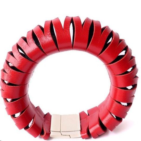 Chunky hot red leather bracelet #chunkybracelet #leatherjewelry #redbracelet #shullidesign #leatherbracelet Unique Leather Jewelry, Red Leather Bracelet, Leather Bangle, Large Necklace, Red Bracelets, Chunky Bracelets, Plastic Jewelry, Black Bracelets, Geometric Necklace