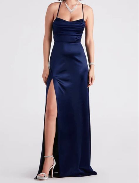 Bridesmaids Bachelorette, Navy Blue Prom Dress, Silk Prom Dress, Gown For Prom, Satin Formal Dress, Winter Formal Dresses, Blue Silk Dress, Blue Dress Formal, Prom Dress Inspiration