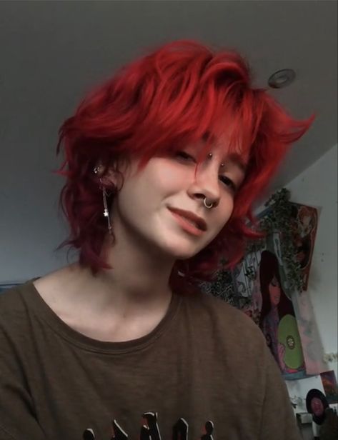 Red Short Fluffy Hair, Short Hairstyle Women Wolfcut, Gender Queer Haircuts, Short Fluffy Dyed Hair, Cherry Red Pixie Haircut, Gender Fluid Haircuts Short Hair, Short Fluffy Alt Hair, Short Gender Fluid Hair, Short Red Dyed Hair