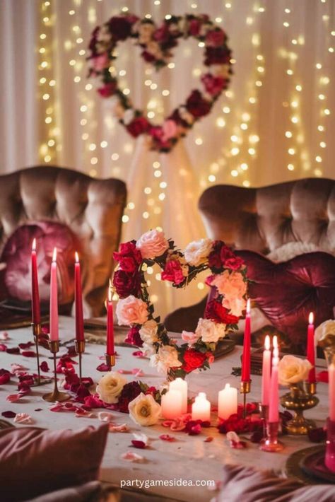 48 Charming Valentine’s Party Decorations Ideas Valentine Dinner Table Setting, Valentines Centerpiece Ideas, Galentines Party Decor, Valentines Day Tablescapes, Games Ideas For Adults, Party Games Ideas, Party Decorations Ideas, Setting The Mood, Valentines Party Decor