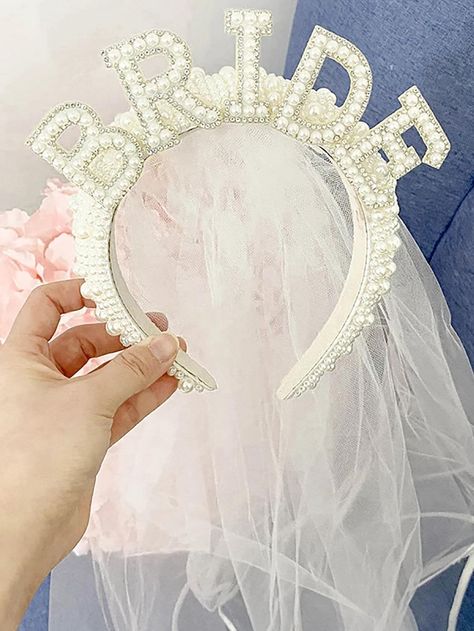 2pcs Women Faux Pearl & Rhinestone Decor Fashionable Headband For Party | SHEIN USA Tiara Veil, Headband With Veil, Rehearsal Dinner Decorations, Bride Head, Pearl Crown, Pearl Bride, Bridal Party Attire, Pearl Bridal Headband, Bride Crown