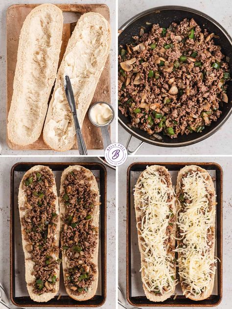 With ground beef, onions, peppers, and mushrooms, this Philly Cheesesteak Cheesy Bread has all the flavors of a classic Philly cheesesteak transformed into a quick, easy, irresistible and affordable appetizer, lunch, or even dinner! Philly Cheesesteak French Bread, Stuffed Baguette, Peppers And Mushrooms, Philly Cheese Steak Sandwich, Best Beef Recipes, Cheese Steak, Philly Cheese, Cheesy Bread, Philly Cheesesteak