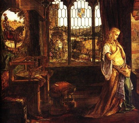 The Lady of Shalott - William Maw Egley Lady Of Shallot, Lady Of Shalott, Pre Raphaelite Paintings, The Lady Of Shalott, Medieval Artwork, Pre Raphaelite Art, Dante Gabriel Rossetti, Walter Crane, Victorian Paintings