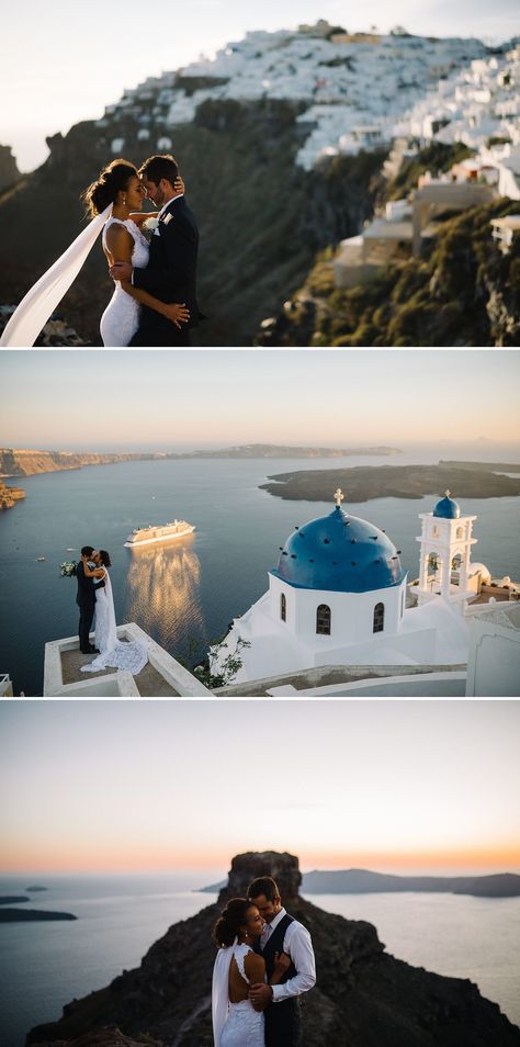 Santorini elopement. Adventure elopement on a Greek Island at sunset. #elopement #santoriniwedding #santorinielopement Greece Wedding Pictures, Greek Island Elopement, Mykonos Greece Elopement, Santorini Elopement Photography, Elopement In Santorini, Greece Wedding Elopement, Greece Elopement Photos, Eloping In Greece, Santorini Elopement Wedding