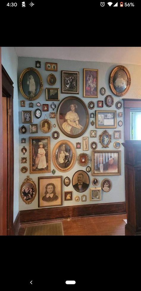 Victorian Picture Wall, Framed Portraits On Wall, Victorian Photo Frame, Display Old Photos, Ancestry Photo Wall, Square Photo Wall, Ancestry Wall, Vintage Photo Wall, Vintage Frame Wall