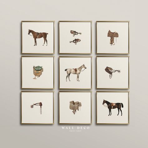 Vintage equestrian gallery wall. Set of 9 horse painting art print. Printable wall art is the more easy and affordable way to decorate your walls at home or office. After purchase all files are immediately available for download. You can print on your home printer, your local printer shop or upload the files to an online printing service. You will get 9 High Resolution 300 DPI files for printing 1:1 ratio for printing: 5"x5", 8"x8", 12"x12", 16"x16", 20"x20", 24"x24". PLEASE NOTE: This is an INS Equestrian Themed Bedroom, Horse Wall Pictures, Equestrian Prints, Big Wall Art Living Room Eqestrain, Horse Prints Wall Art, Equestrian Gallery Wall, Framed Horse Pictures Wall Art, Western Wall Decor, Painted Horses