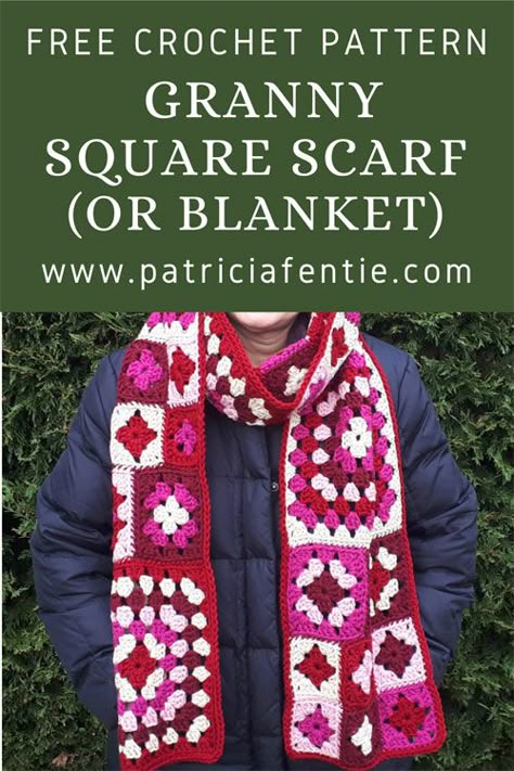 Granny Square Scarf Pattern, Crochet Granny Square Scarf, Granny Square Pattern Free, Granny Square Scarf, Easy Granny Square, Crochet Granny Square Tutorial, Crochet Bloggers, Scarf Designs, Granny Square Crochet Patterns Free