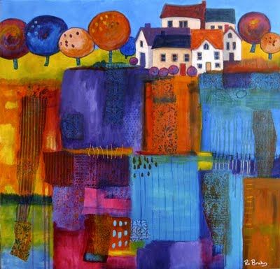 Ro Bruhn, Hillside Houses, Backgrounds Ideas, Whimsical Houses, House Paintings, Buildings Artwork, Colour Purple, Beautiful Colours, Naive Art