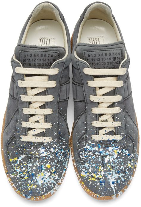 Maison Margiela - Navy Suede Painter Replica Sneakers Maison Margiela Gat, Navy Panelling, Replica Sneakers, Fashion Promotion, Margiela Replica, Punk Shoes, Designer Clothing Brands, Margiela Shoes, Paint Splash