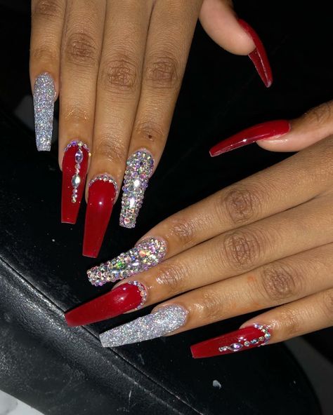 Red N Silver Nails, Red Rhinestone Acrylic Nails, Red Bling Nails Rhinestones, Red And Silver Nails, Lily Nails, Silver Nail Designs, Silver Nail, Red Nail Designs, Bright Nails