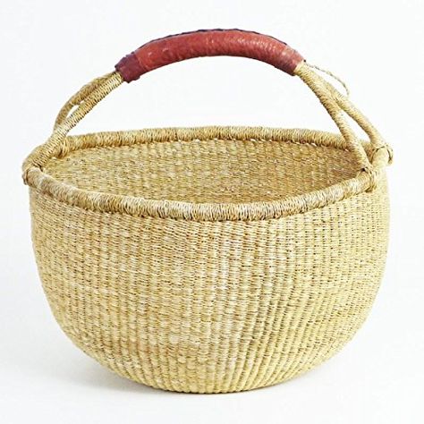 Medium African Basket | Round Bolga Basket | Ghana Basket | Plant Pot| Shopper or Market Basket | Picnic | Woven Basket | Toy Storage | Magazine Storage | Solid Red Color (TAN) Bolga Basket, Natural Baskets, African Market, Market Basket, Wicker Decor, Toy Basket, African Baskets, Market Baskets, Handmade Baskets