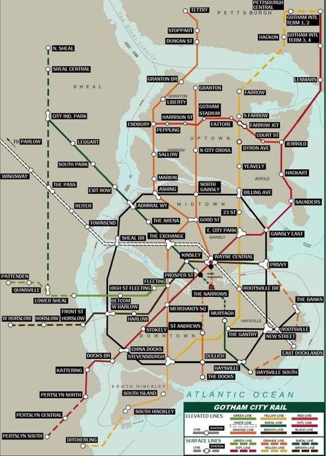 Gotham City Map, Fictional Cities, Urban Mapping, Batman Wall, Wayne Manor, City Skylines, Amazing Maps, Rpg Maps, Ticket To Ride