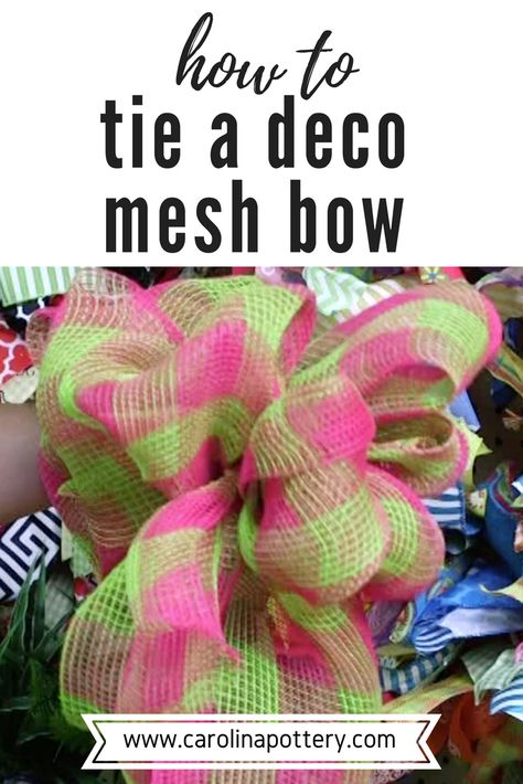 Learn how to tie a deco mesh bow in this diy tutorial video! There are all kinds of uses for deco mesh ribbon, including making many types of wreaths. However it can also be used to make lovely bows for decoration! Visit your local Carolina Pottery store for the largest selection of deco mesh around, or shop online at www.carolinapottery.com! How To Make A Bow Out Of Deco Mesh, Mesh Ribbon Bows How To Make, Christmas Mesh Bows Diy, How To Use Mesh Ribbon, How To Use Decorative Mesh, Deco Mesh Bows Diy How To Make, Deco Mesh Tree Topper, How To Make A Mesh Bow, Mesh Bows For Christmas Tree