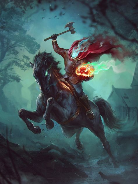 ArtStation - Headless horseman, Denys Tsiperko Headless Horseman Painting, Headless Horseman Wallpaper, Dullahan Art, Headless Horseman Tattoo, Headless Horseman Art, Sleepy Hollow Headless Horseman, Images Terrifiantes, The Headless Horseman, Halloween Monsters