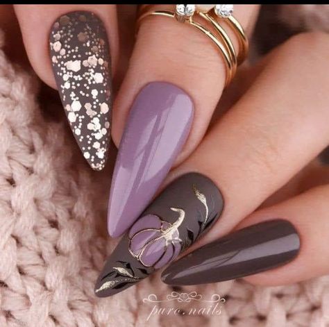 September Nails, Fall Gel Nails, Pumpkin Nails, October Nails, Purple Nail, Thanksgiving Nails, Halloween Nail Designs, Fall Nail Art, Autumn Nails