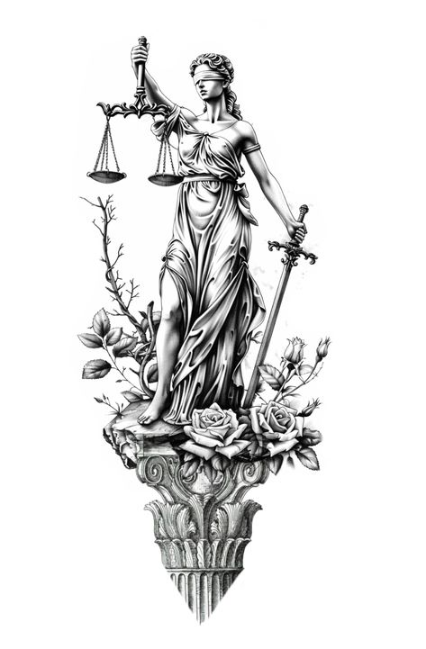 Greek Mythology Tattoos Sleeve Women, Themis Goddess Tattoo, And Justice For All Tattoo, Aphrodite Statue Tattoo, Goddess Of Justice Tattoo, Lady Justice Tattoo Design, Statue Tattoo Ideas, Greek Tattoos Mythology, Roman Tattoo Ideas